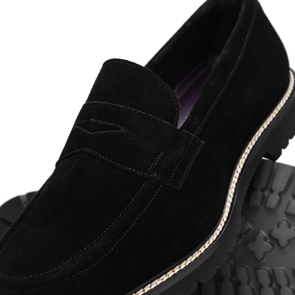 16-657-BLK ROMA Italian Suede Penny Loafers Black