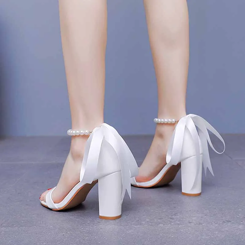 2.95" 3.74" Lace-Up Pearls Ankle Strap Chunky Shoes Summer Bridal Shoes