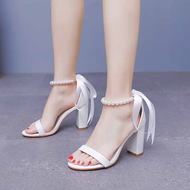 2.95" 3.74" Lace-Up Pearls Ankle Strap Chunky Shoes Summer Bridal Shoes