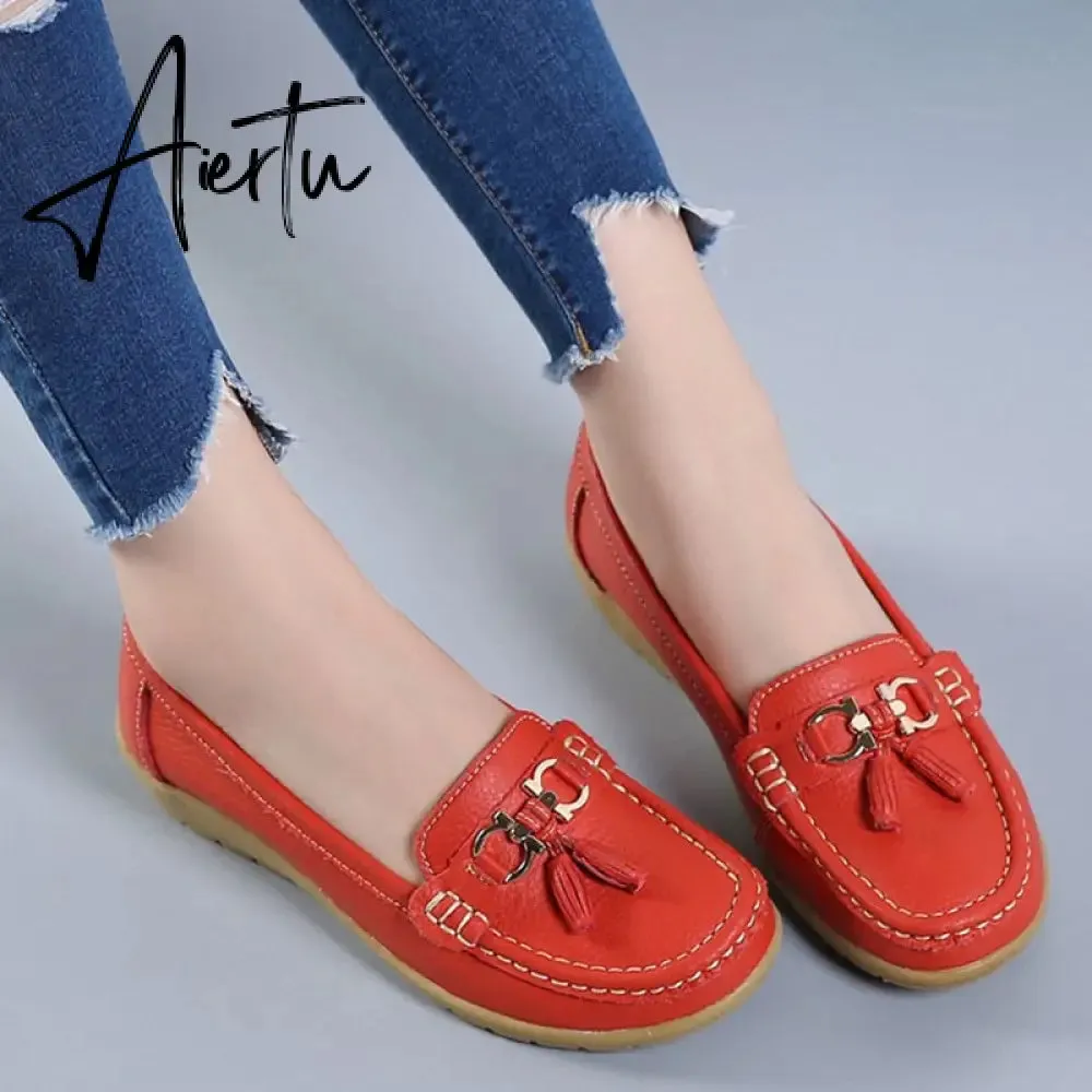 Aiertu Women Flats Ballet Shoes Cut Out Leather Breathable Moccasins Women Boat Shoes Ballerina Ladies Casual Shoes