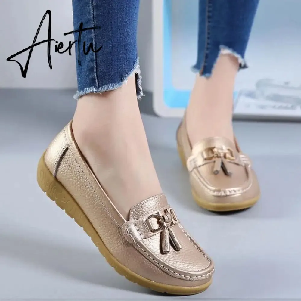 Aiertu Women Flats Ballet Shoes Cut Out Leather Breathable Moccasins Women Boat Shoes Ballerina Ladies Casual Shoes