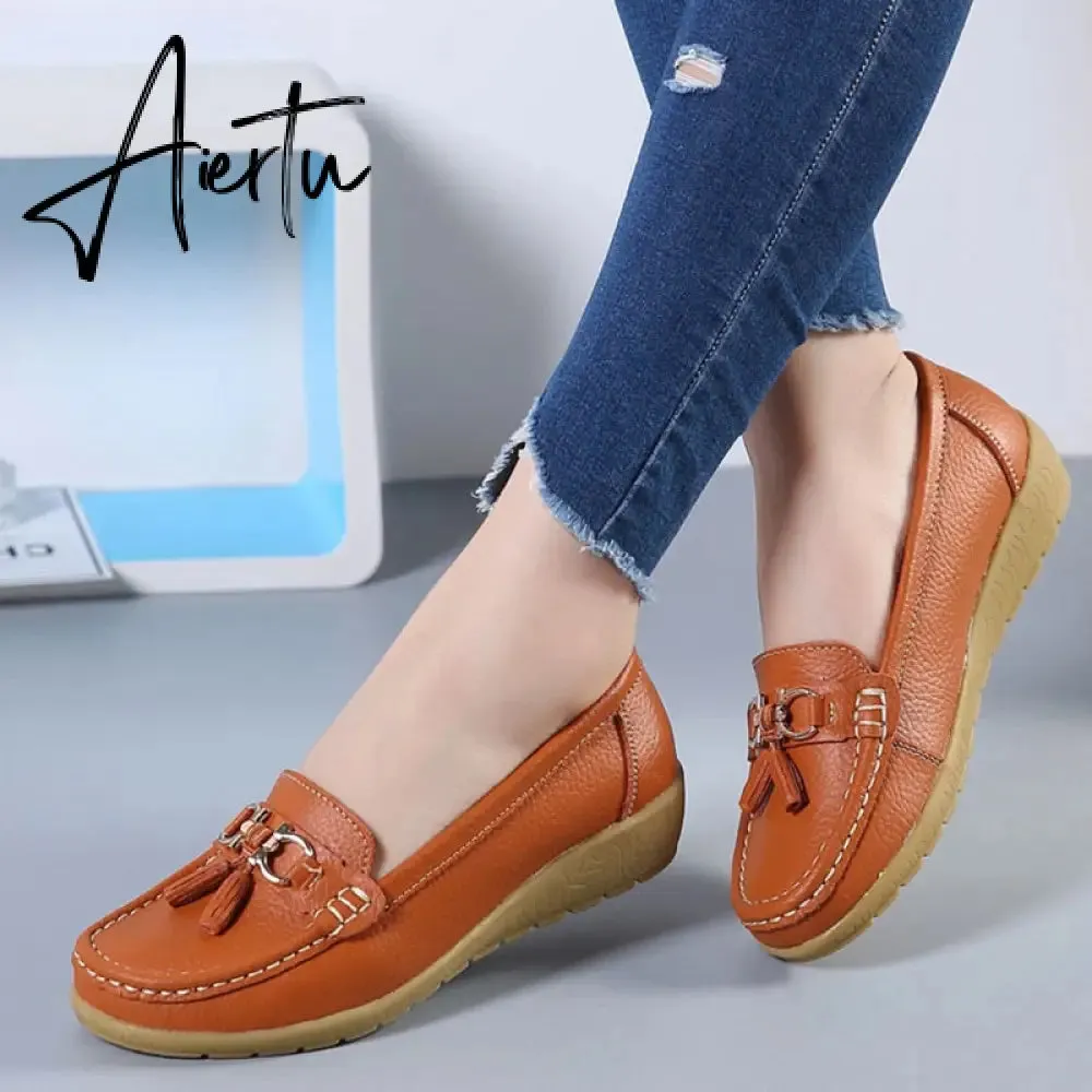 Aiertu Women Flats Ballet Shoes Cut Out Leather Breathable Moccasins Women Boat Shoes Ballerina Ladies Casual Shoes