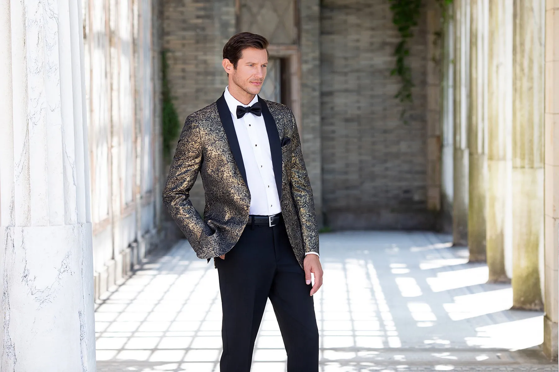 Aria Paisley Shawl lapel Dinner Jacket Tuxedo Rental In Metallic Gold