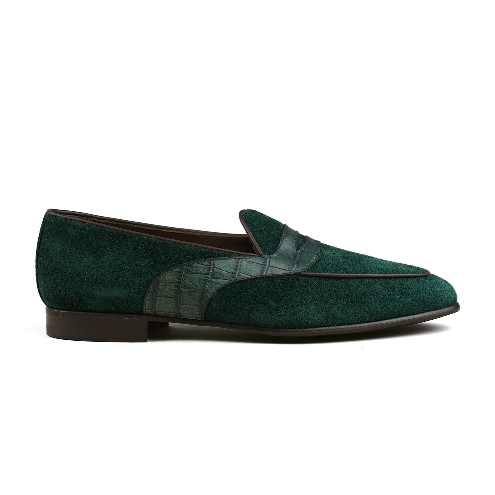 Belgian Penny Loafer - Green Suede w/ Faux Croc Strap