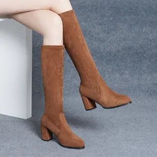 Below The Knee Boots Stretch Boots Suede Pointed Toe