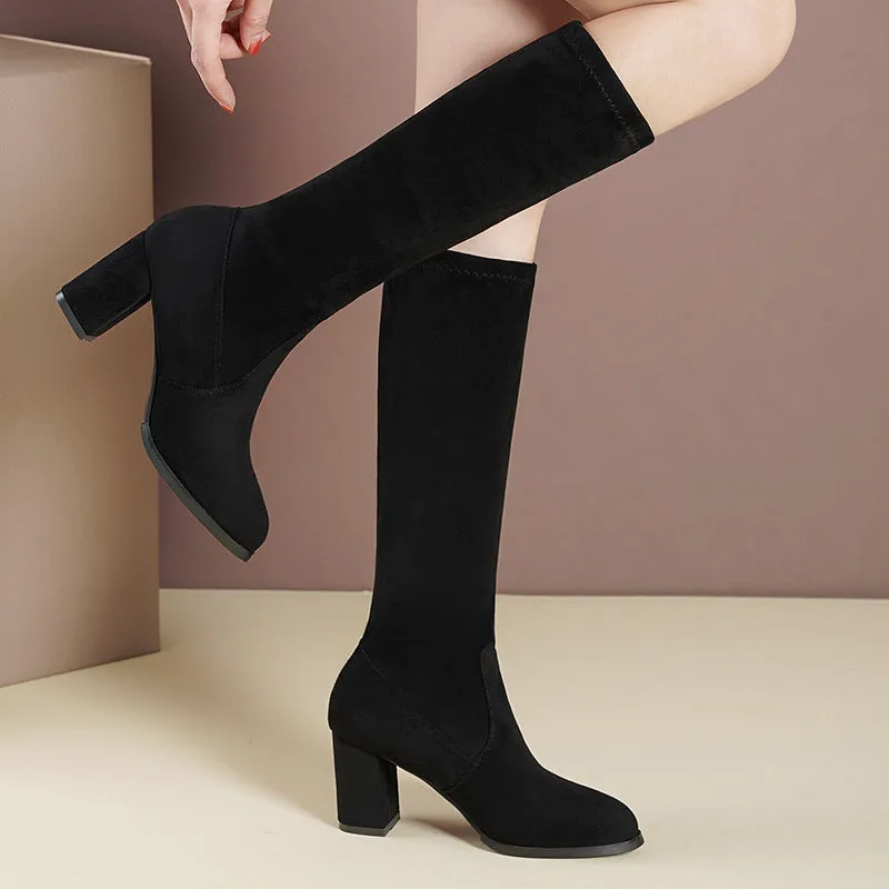 Below The Knee Boots Stretch Boots Suede Pointed Toe