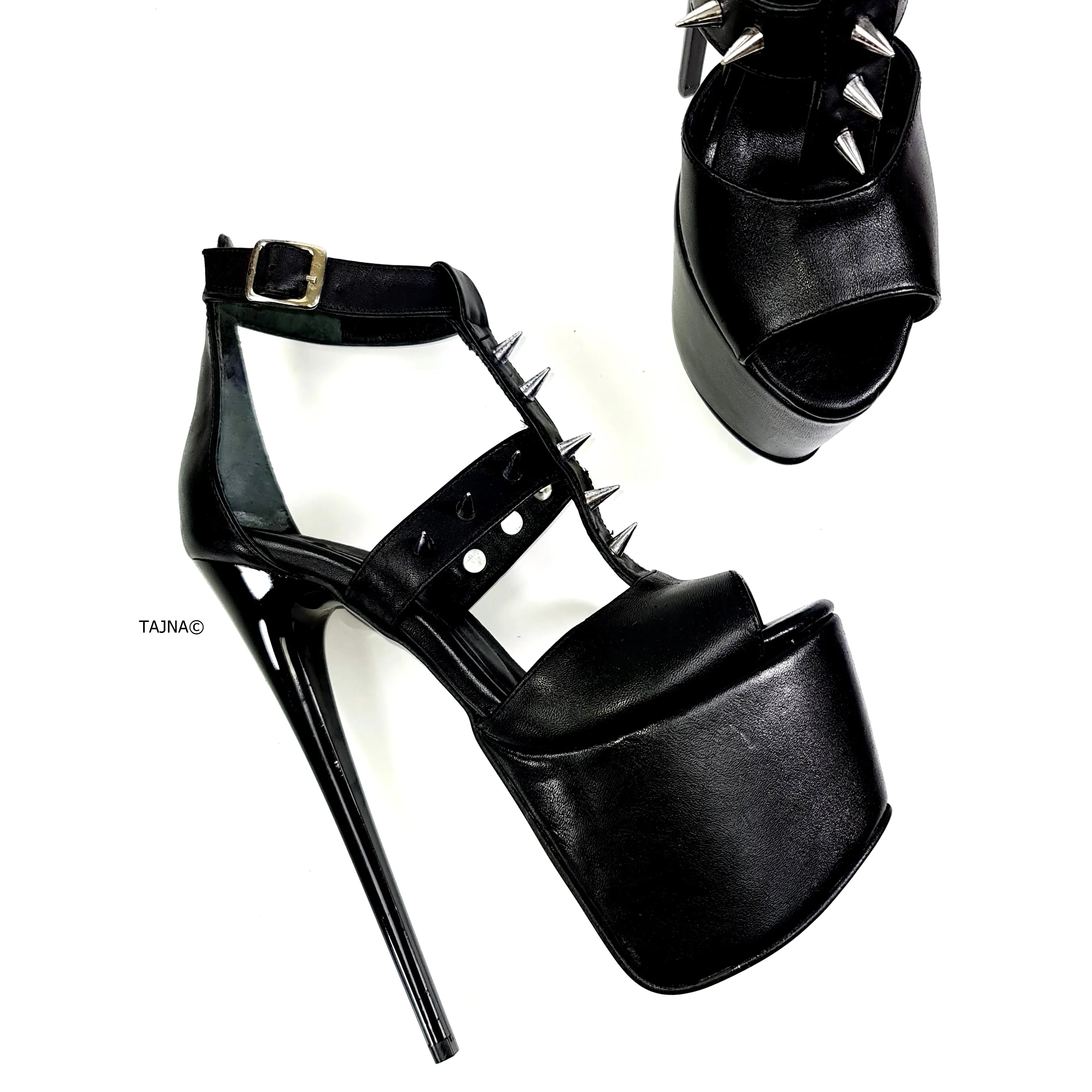 Black Genuine Leather Spike High Heels