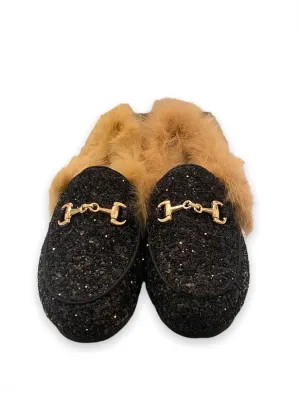 Black Glitter Fur Loafers/Lola