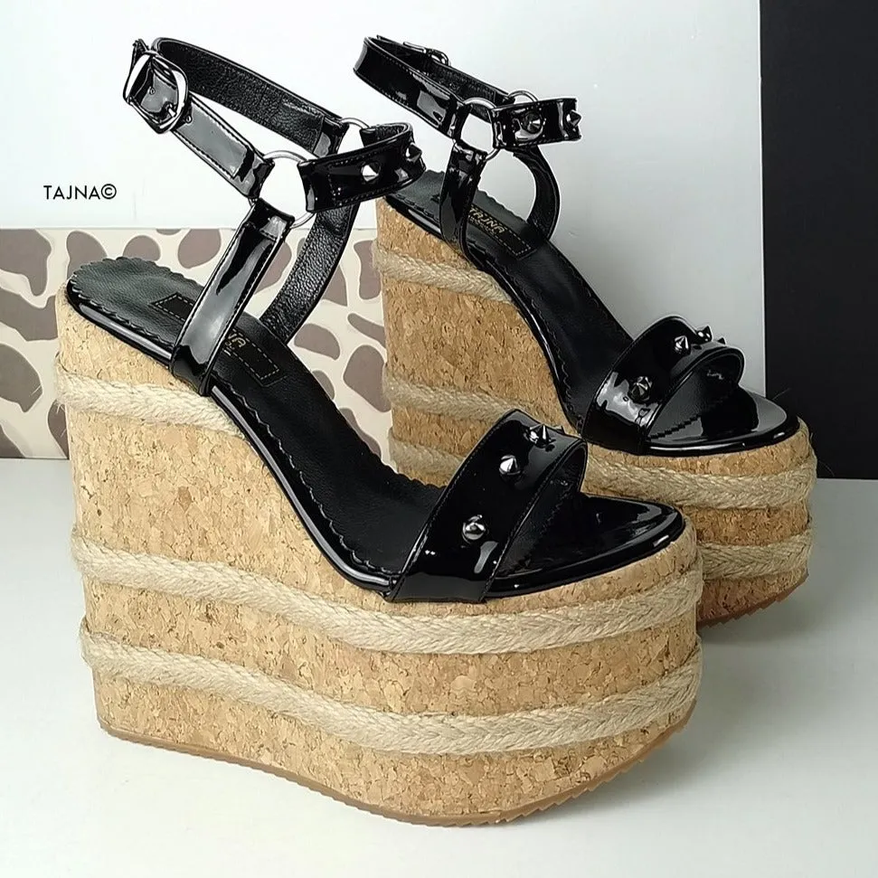 Black Gloss Studs Cork Wedge Sandals