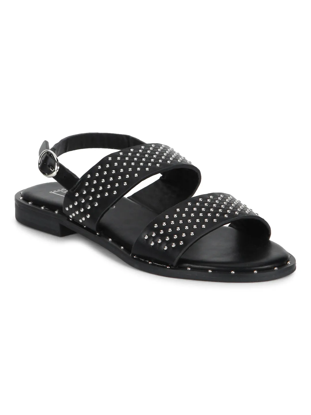 Black PU Studded Ankle Strap Flat Sandals