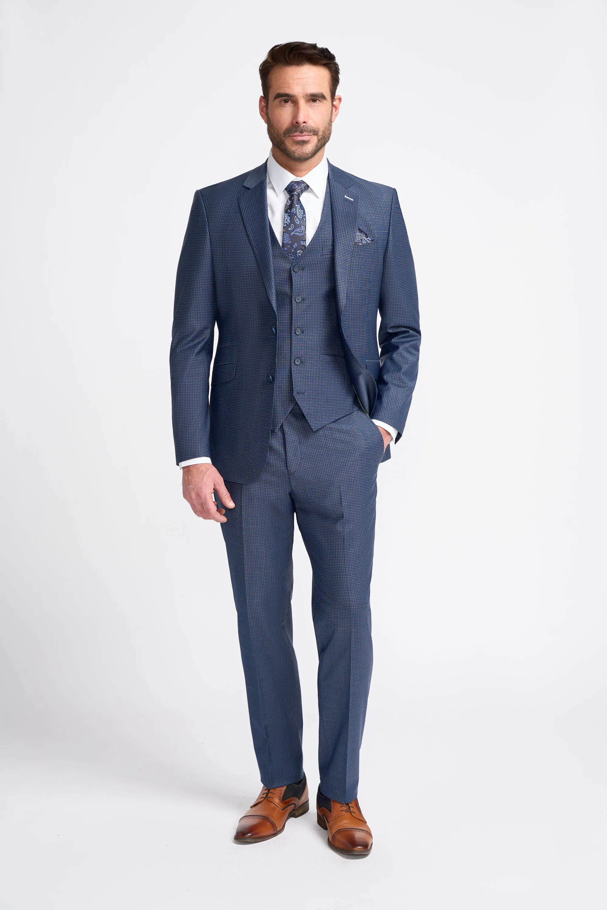 Bond Navy Check Three Piece Suit