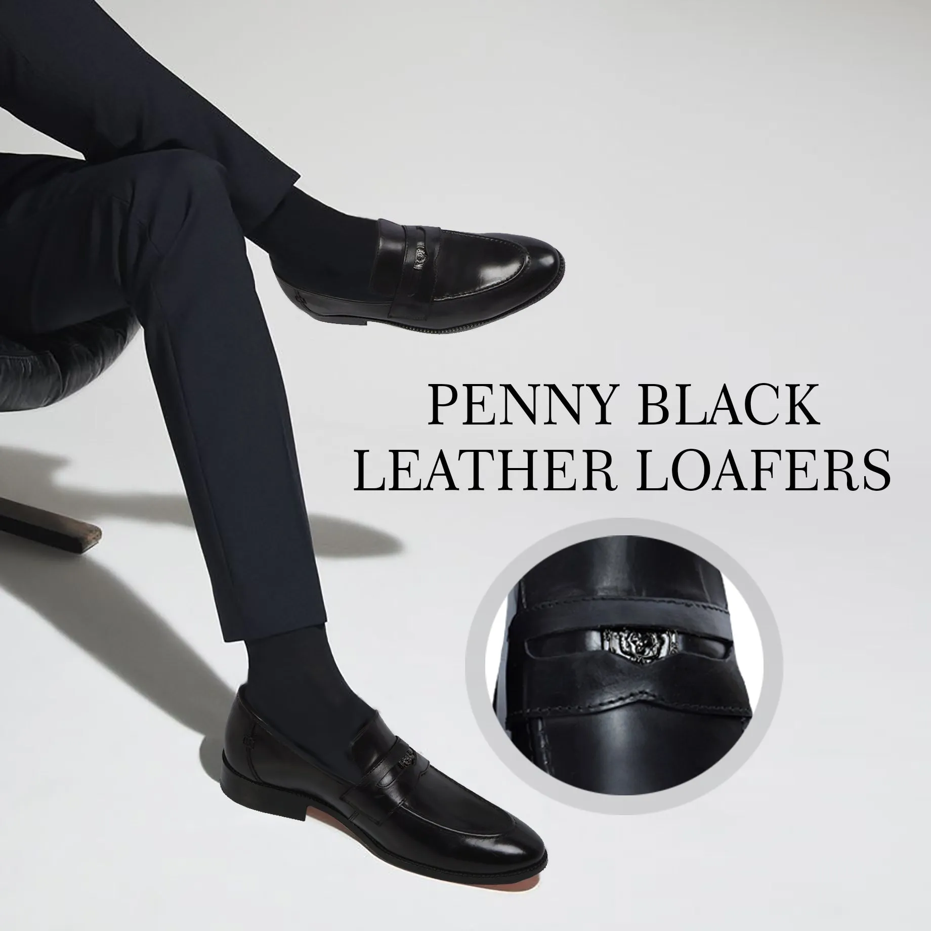 Brand Lion Logo Penny Loafers in Black Leather