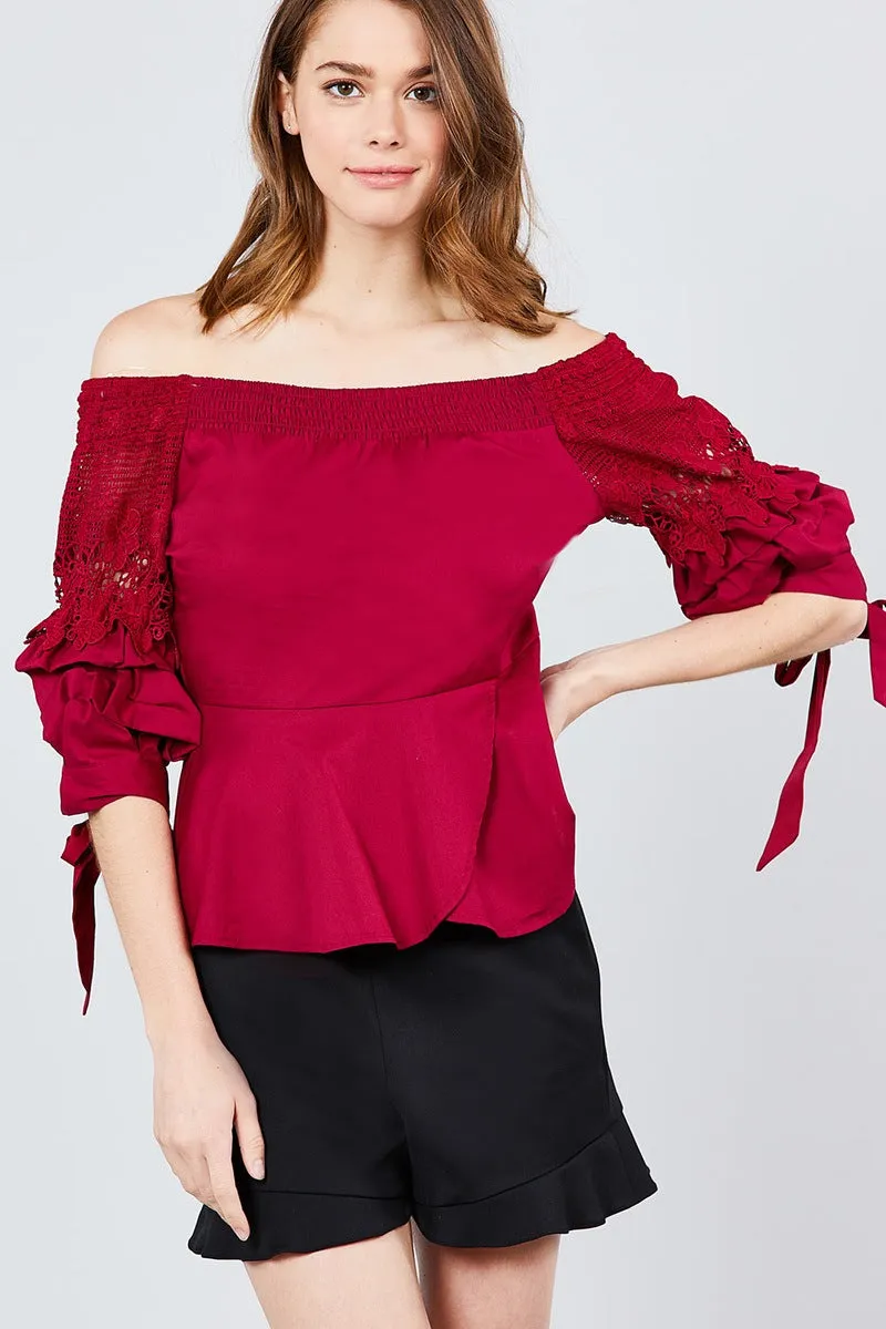 Bubble Sleeve W/bow Tie Off The Shoulder W/crochet Lace Cotton Woven Top