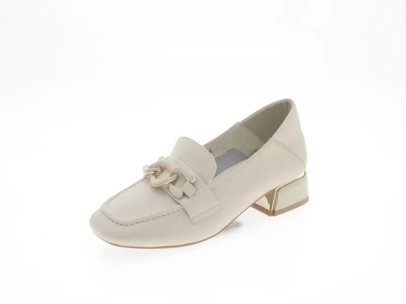 Chain Embellished Leather Loafers - Beige