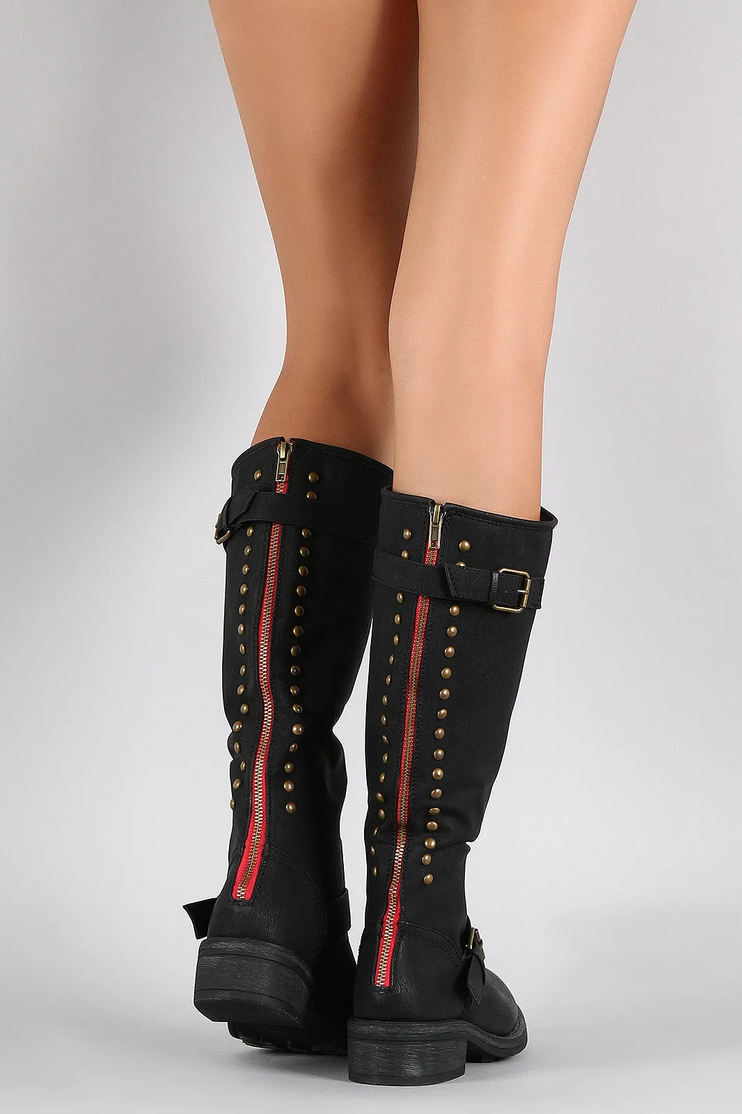 Contrast Zipper Studded Round Toe Riding Knee High Boot