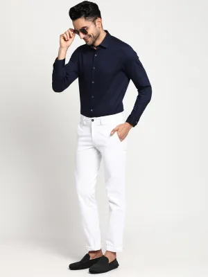 Cotton Navy Blue Slim Fit Self Design Formal Shirt