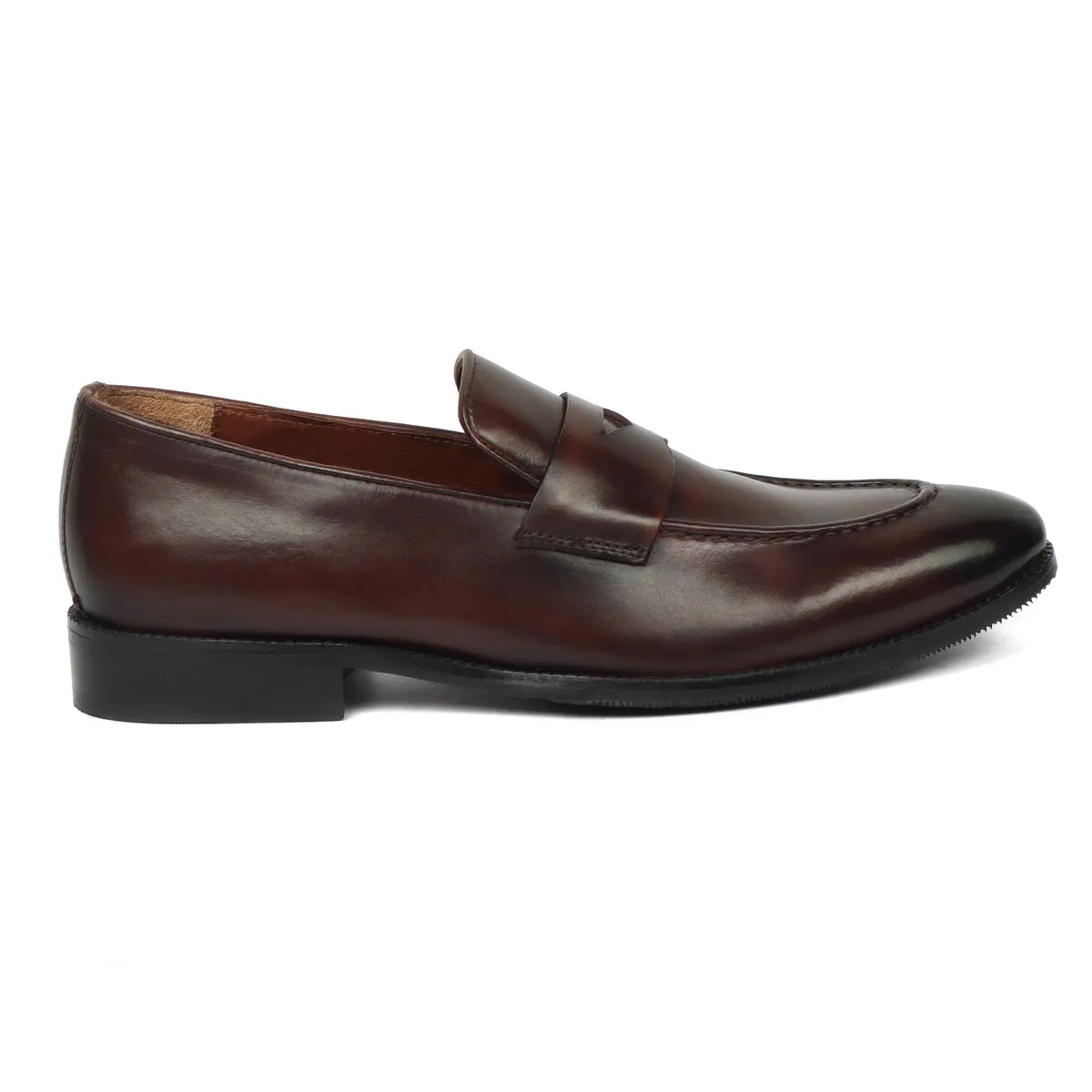 Dark Brown Burnished Leather Penny Loafers with Triangular Cut-Strap By Brune & Bareskin