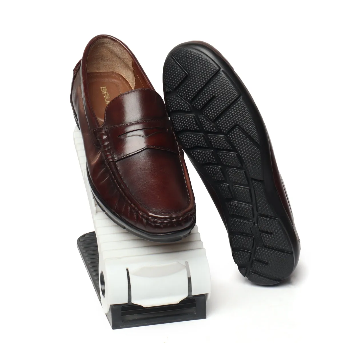 Dark Brown Leather Stitched Design Penny Loafers