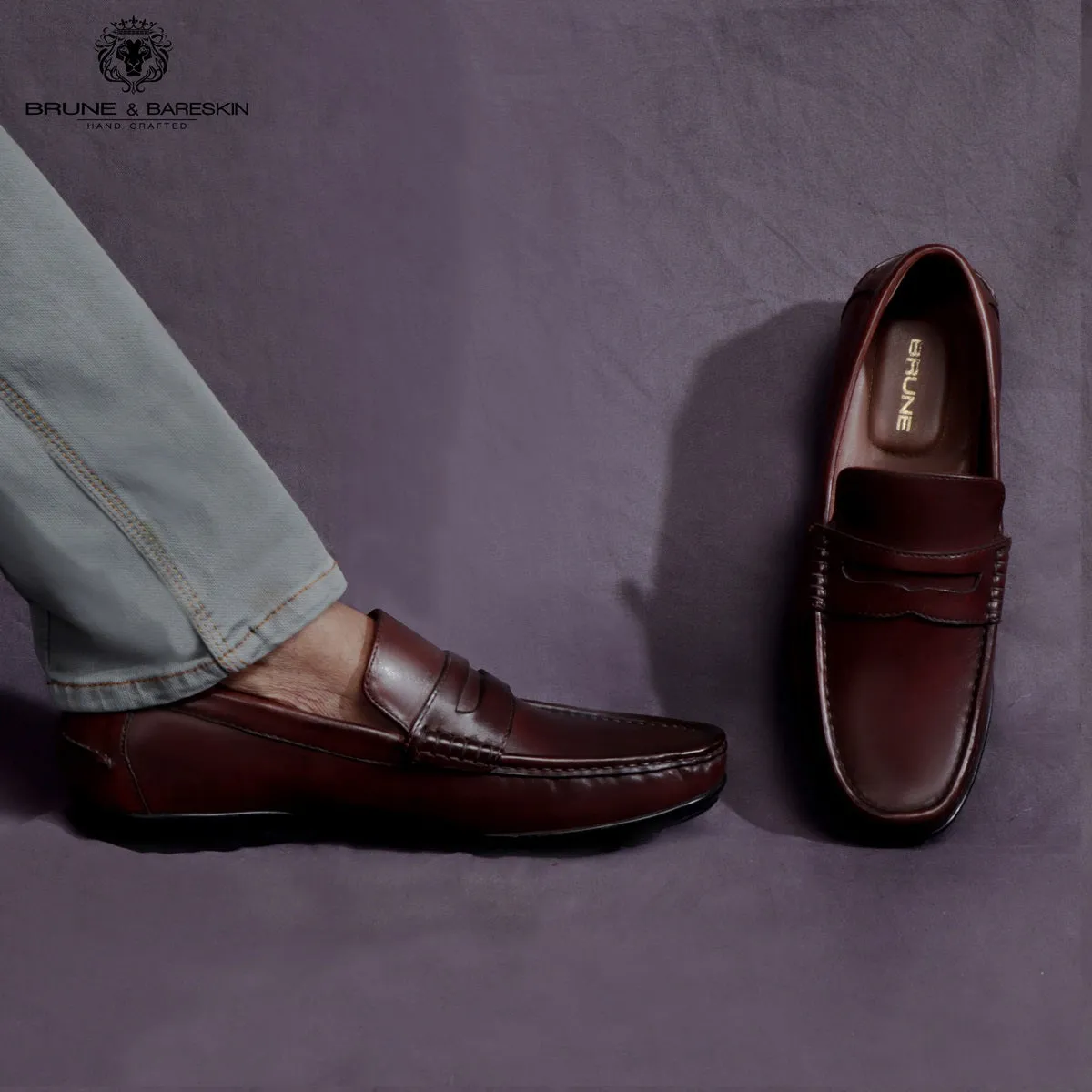 Dark Brown Leather Stitched Design Penny Loafers