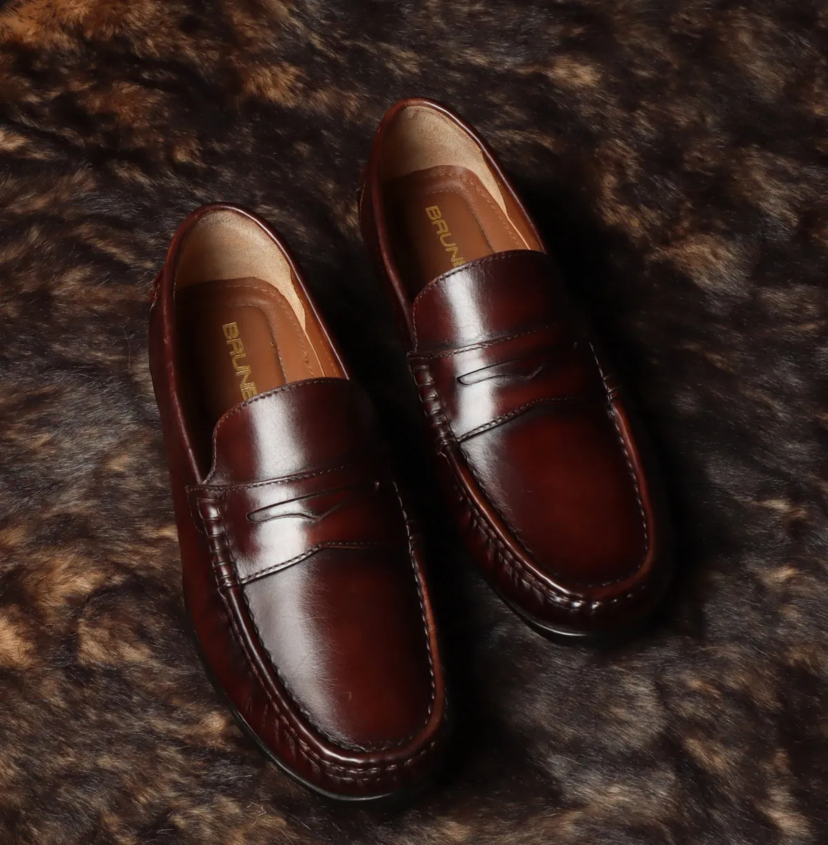 Dark Brown Leather Stitched Design Penny Loafers