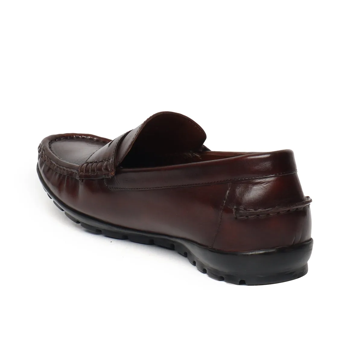 Dark Brown Leather Stitched Design Penny Loafers