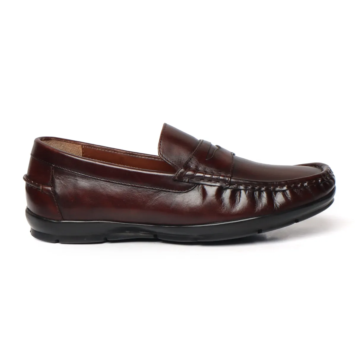 Dark Brown Leather Stitched Design Penny Loafers