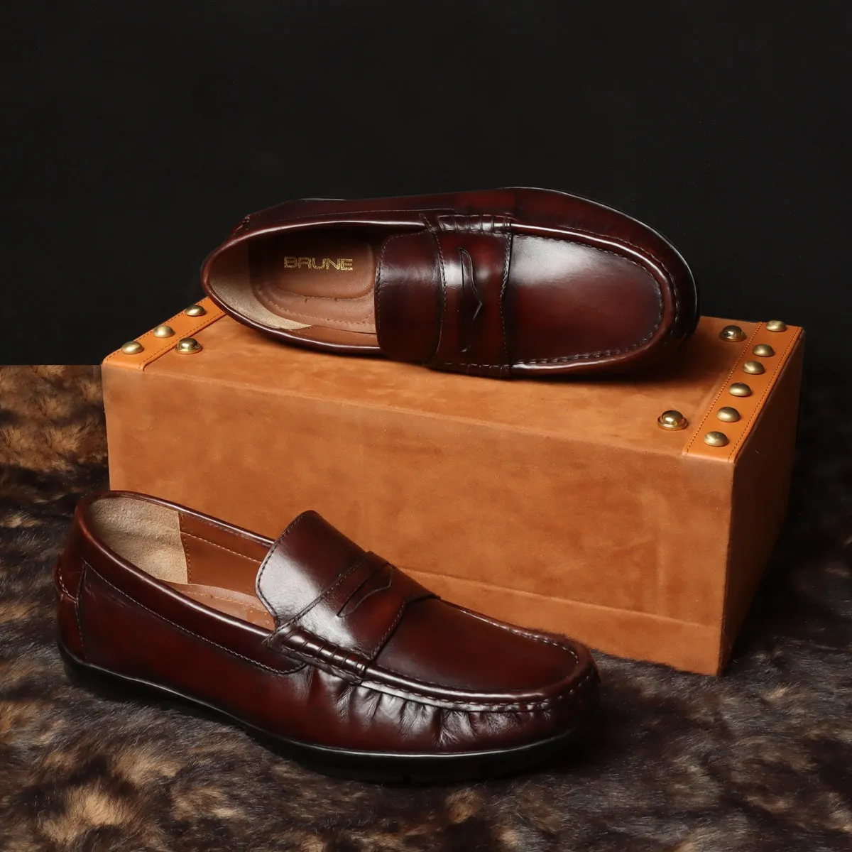 Dark Brown Leather Stitched Design Penny Loafers