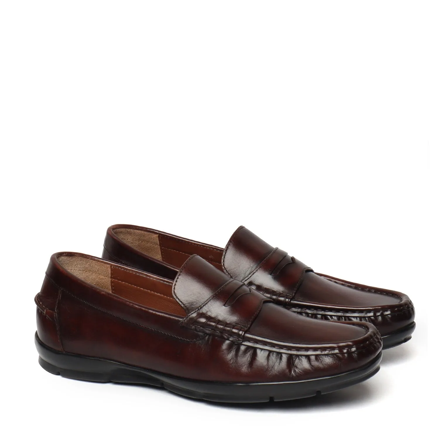 Dark Brown Leather Stitched Design Penny Loafers