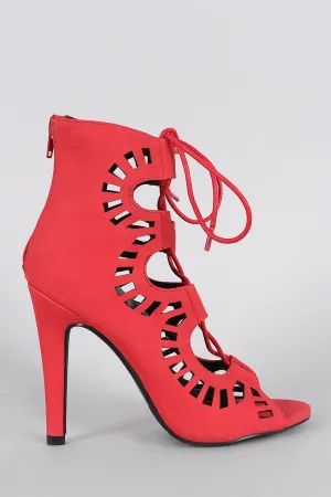 Delicious Perforated Lace Up Open Toe Heel