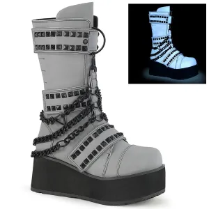 Demonia TRASHVILLE-138 | Grey Reflective V. Leather Unisex Boots