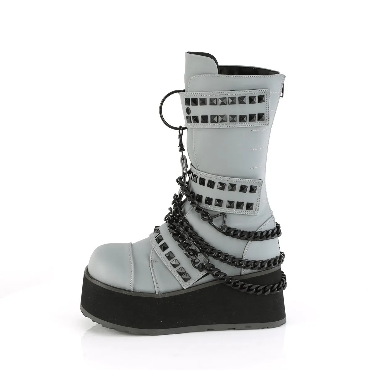 Demonia TRASHVILLE-138 | Grey Reflective V. Leather Unisex Boots