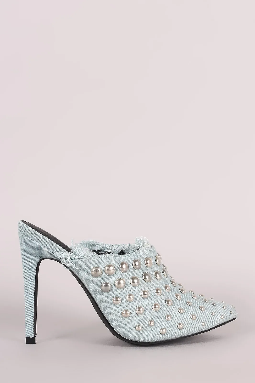 Denim Studded Pointy Toe Fringe Stiletto Mule Heel