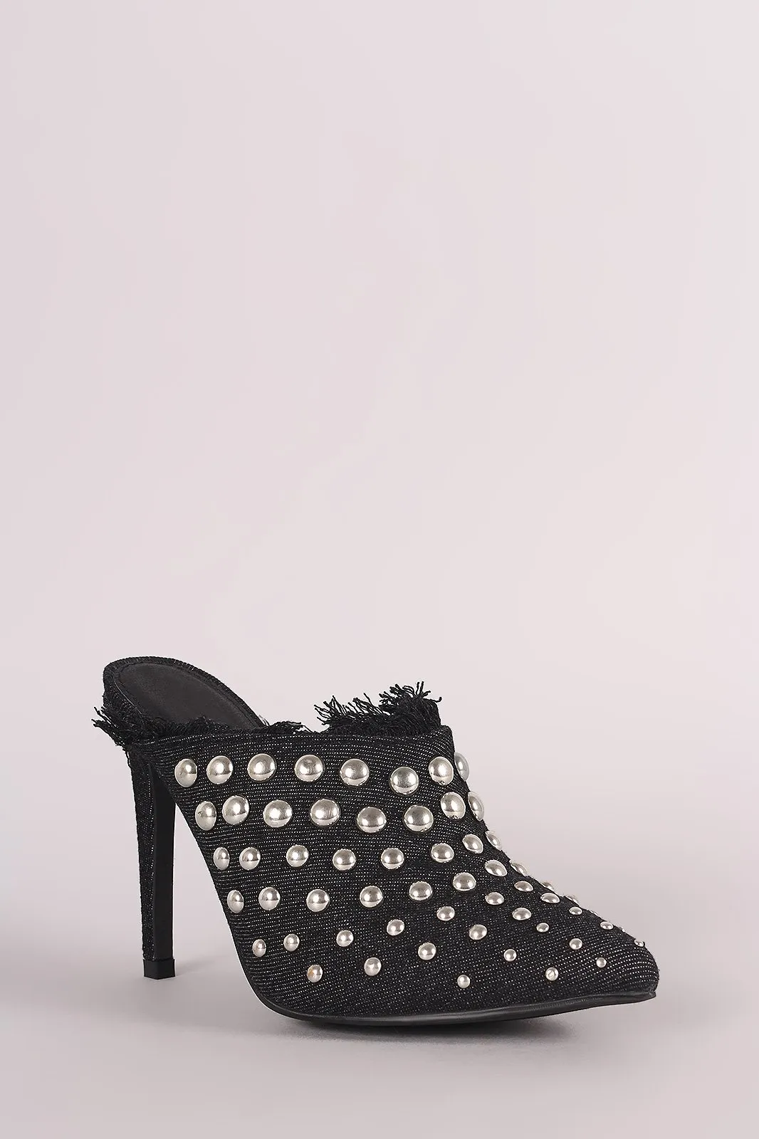 Denim Studded Pointy Toe Fringe Stiletto Mule Heel