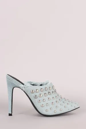 Denim Studded Pointy Toe Fringe Stiletto Mule Heel