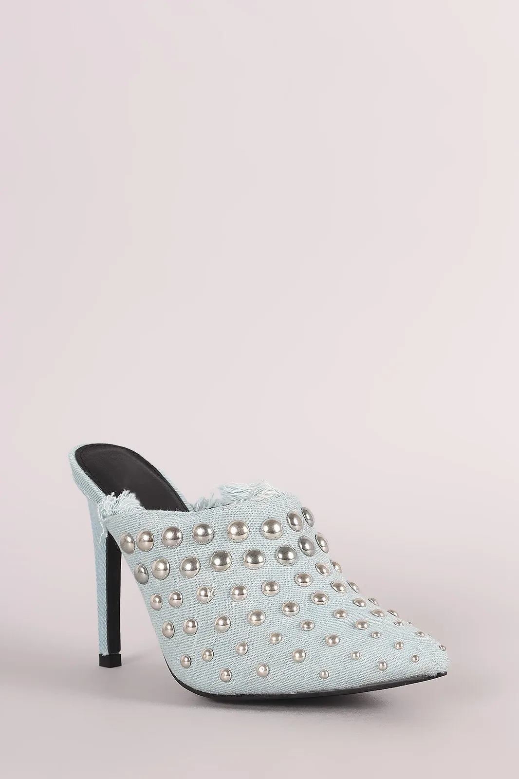 Denim Studded Pointy Toe Fringe Stiletto Mule Heel