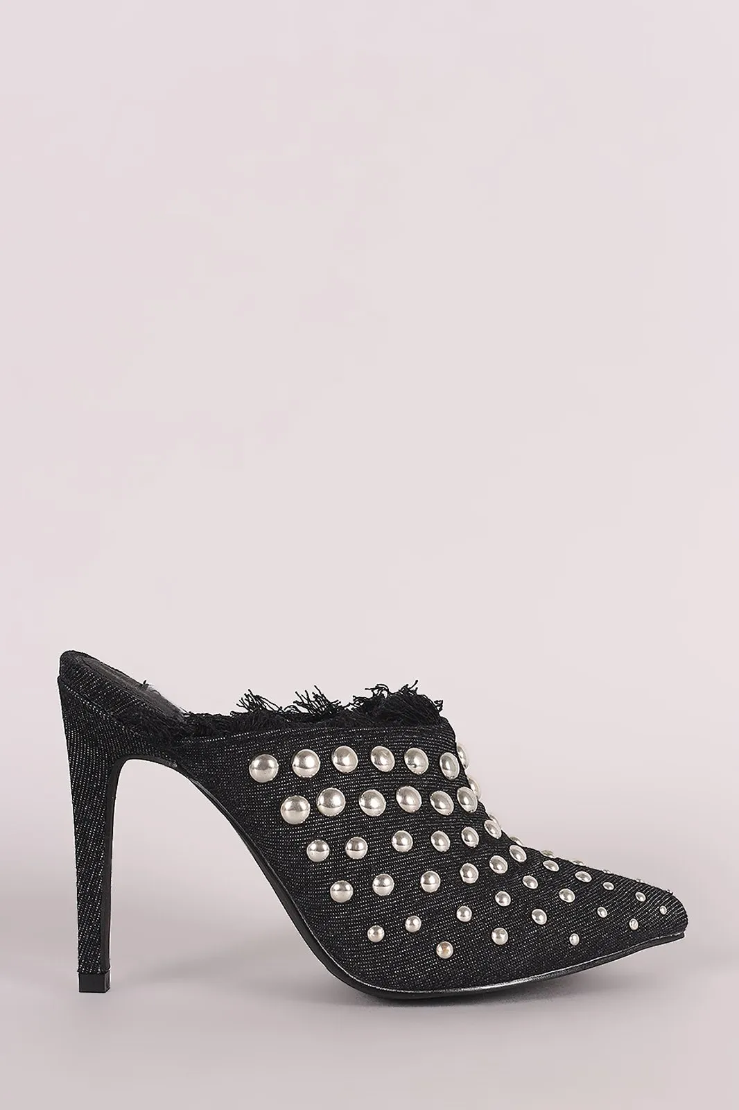 Denim Studded Pointy Toe Fringe Stiletto Mule Heel