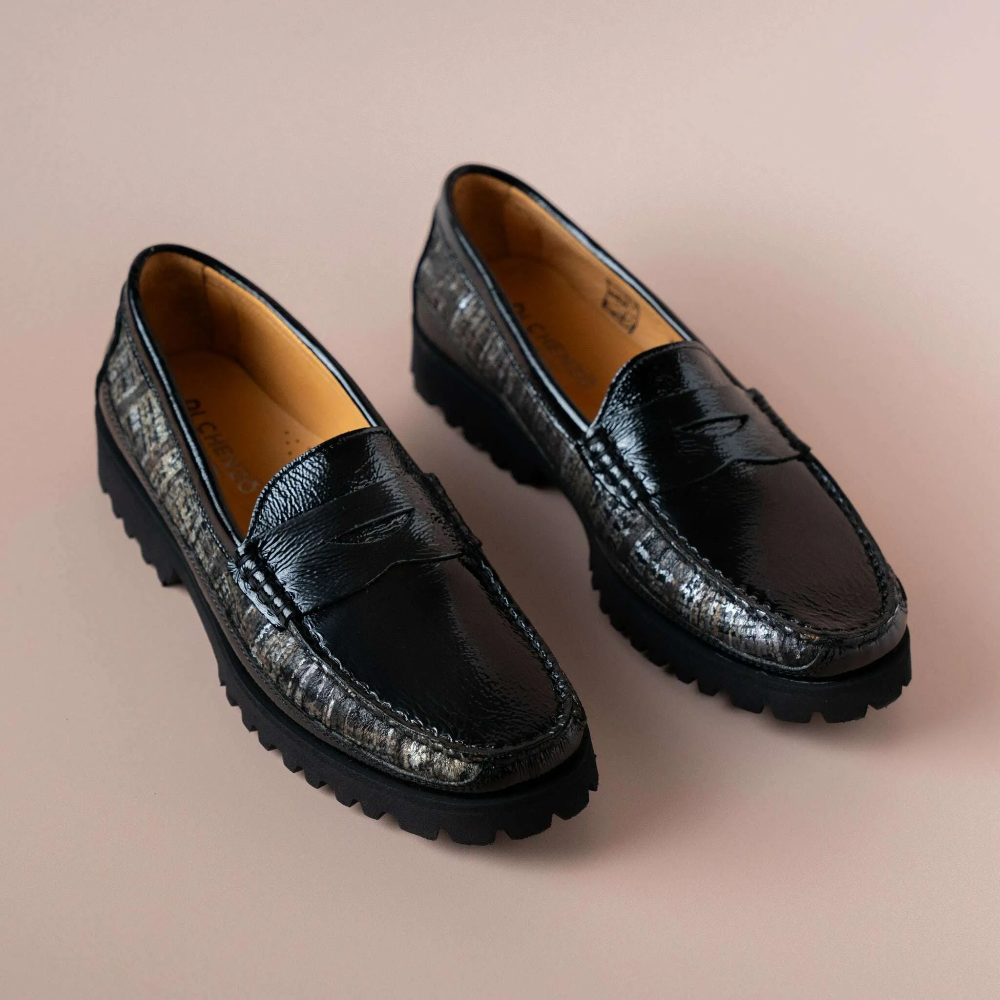 Di Chenzo - 8451 Black Patent Loafer with Black Combo Print