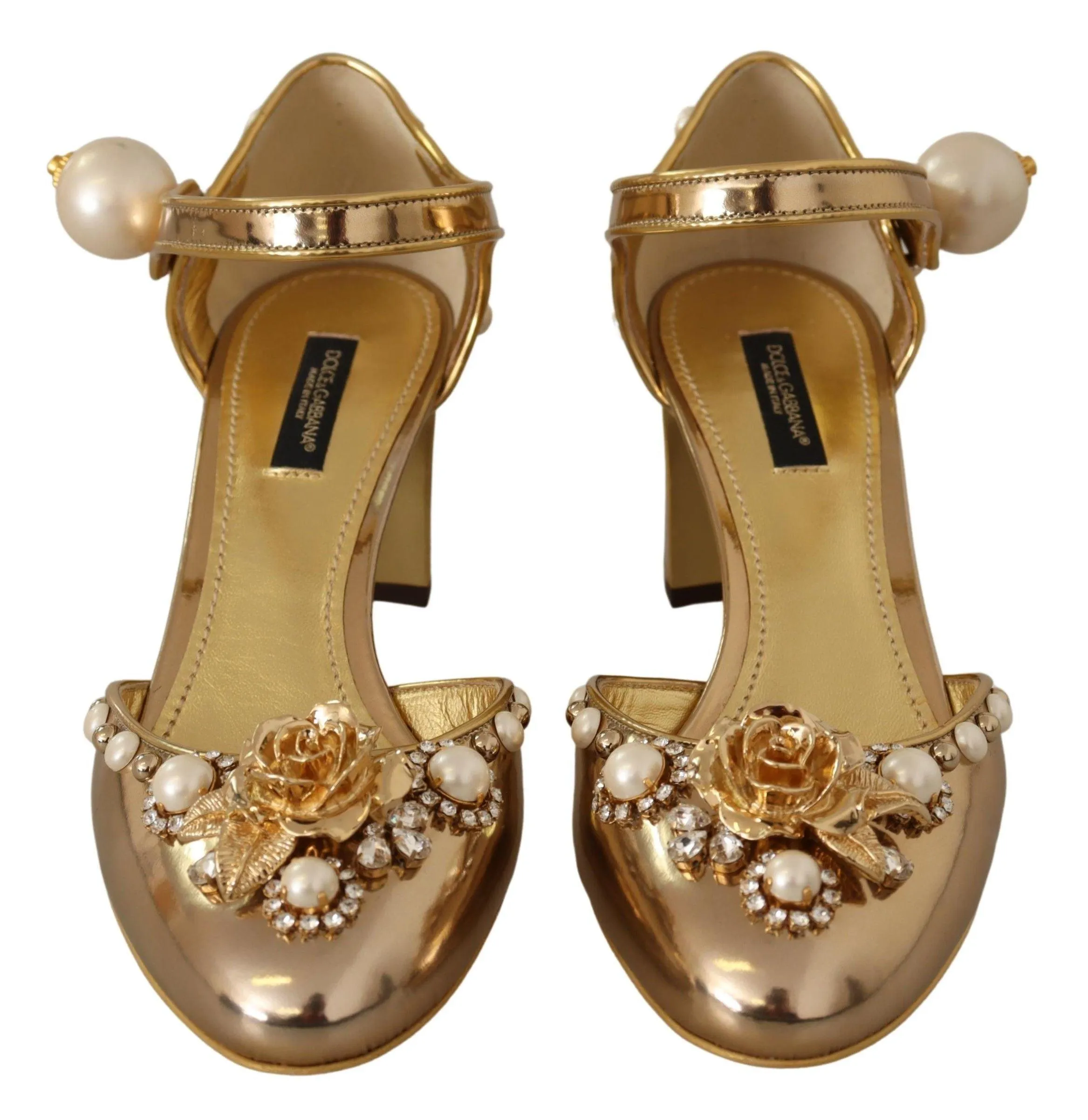 Dolce & Gabbana Gold Leather Studded Crystal Ankle Strap Shoes