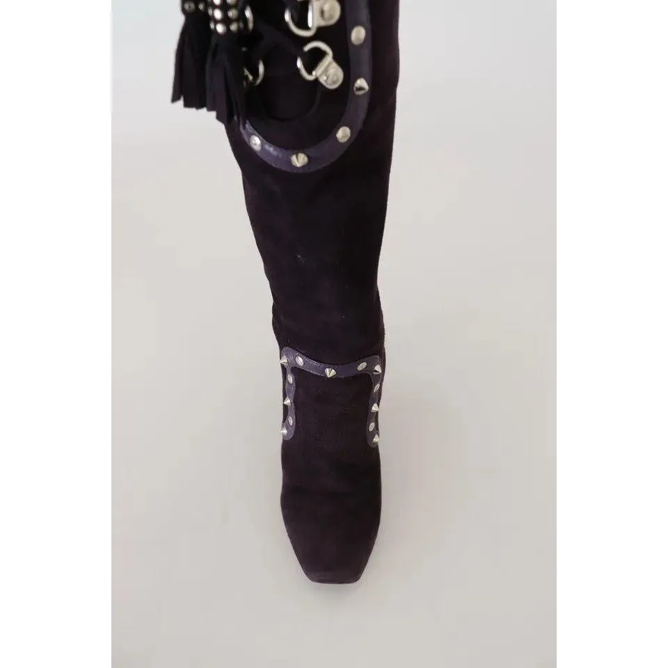 Dolce & Gabbana Purple Suede Leather Studded High Boots Shoes