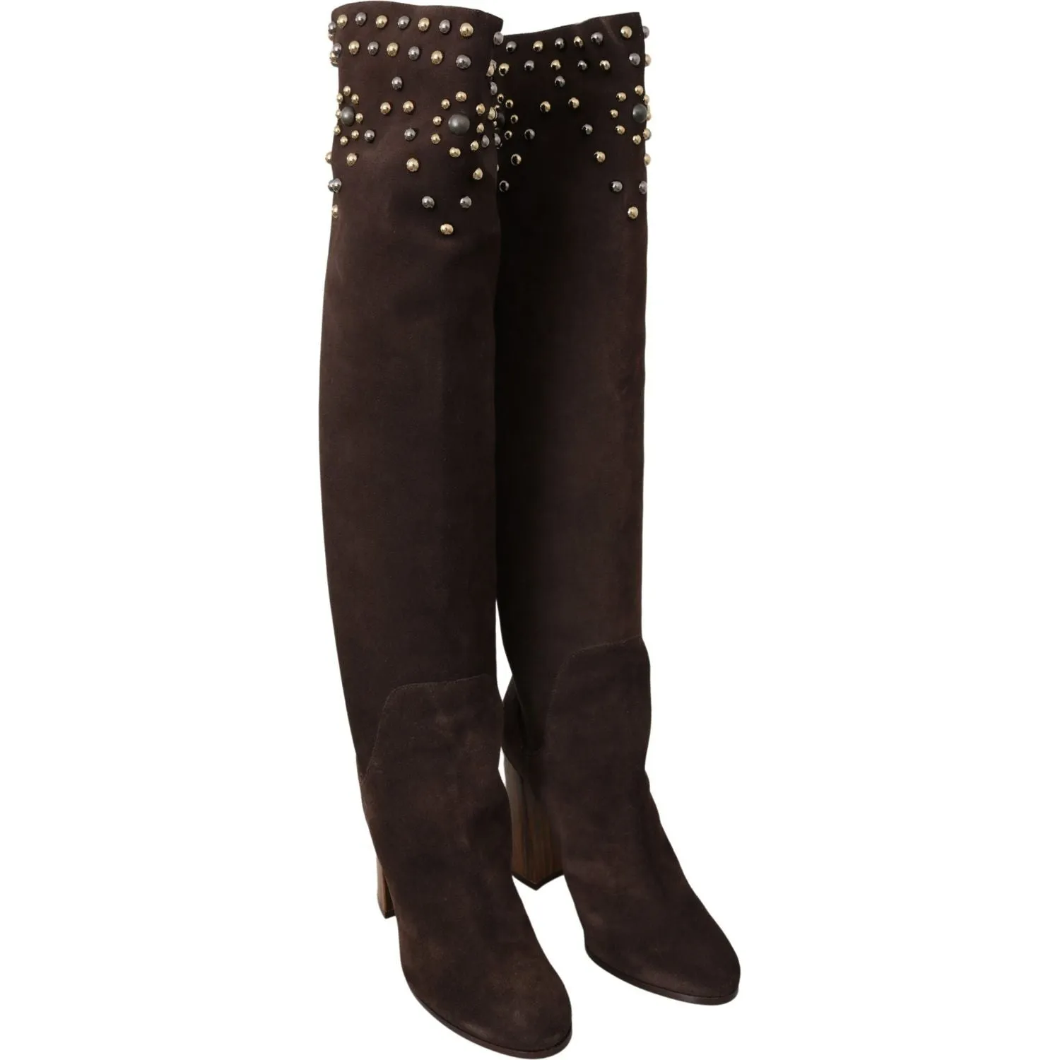 Dolce & Gabbana Studded Suede Knee High Boots in Brown