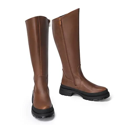 DREAM PAIRS Botas para mujer hasta la rodilla, plataforma gruesa con cremallera lateral y suela de orejeta para mujer Marrón/pu, Talla 8 Sdkb2210w Mesmerize