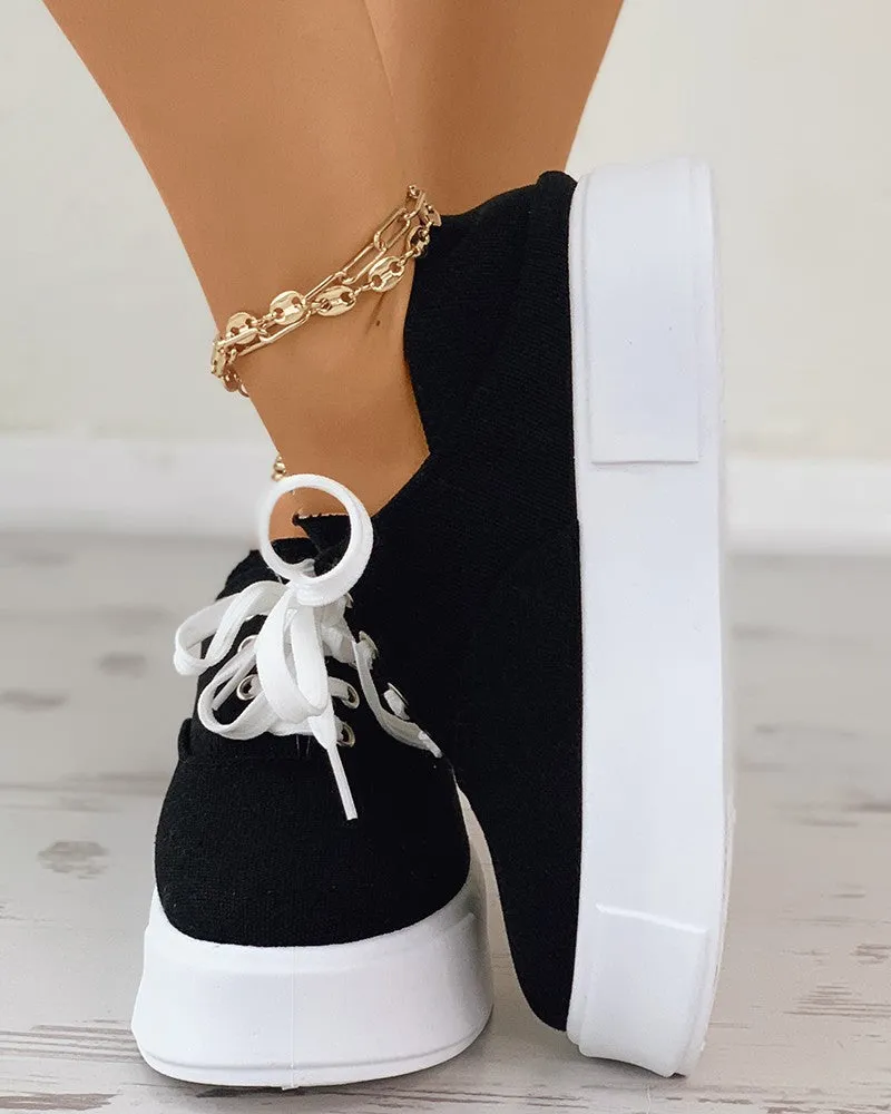 Eyelet Lace up Flatform Canvas Shoes