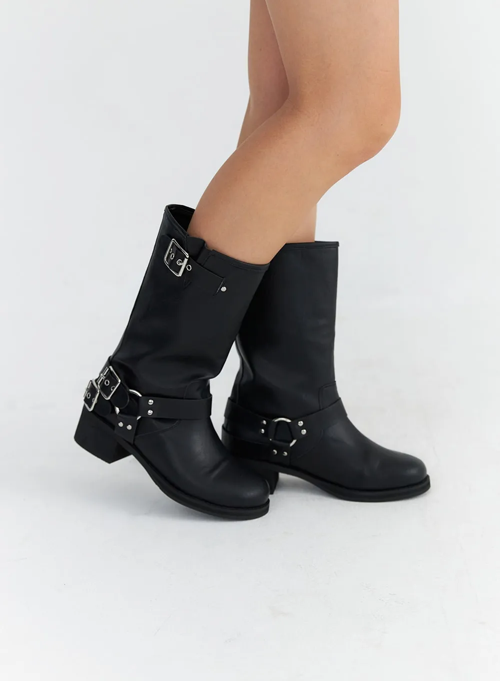 Faux Leather Studded Buckle Boots CO313