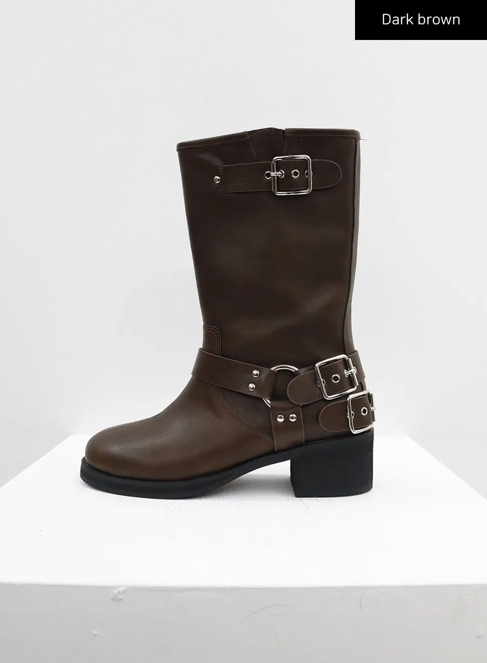 Faux Leather Studded Buckle Boots CO313