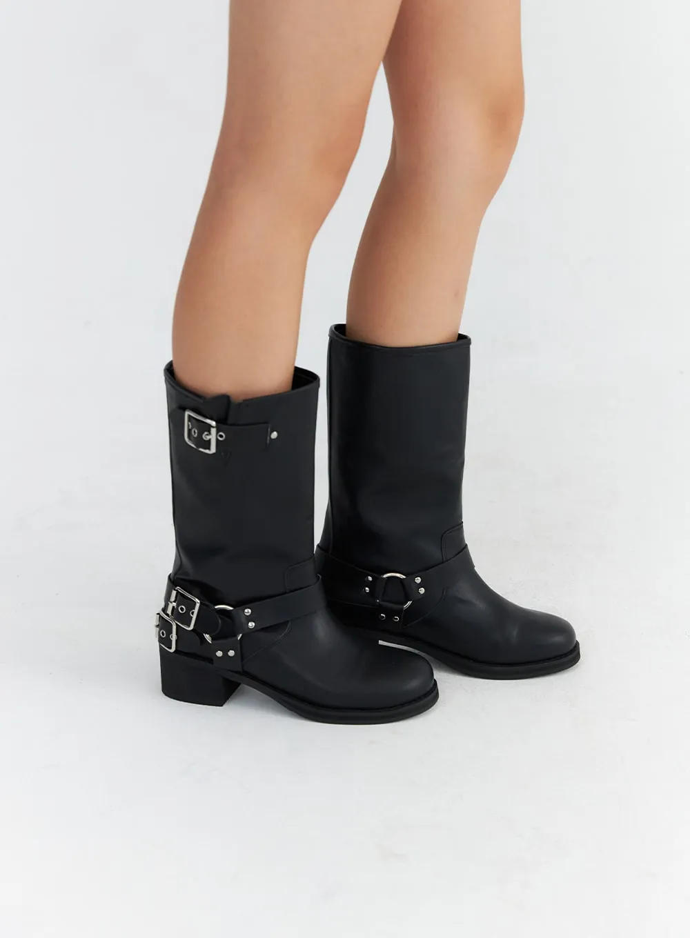 Faux Leather Studded Buckle Boots CO313