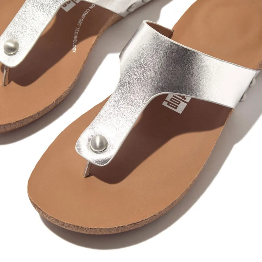 FitFlop Iqushion Metallic-Leather Toe-Post Sandals - Silver