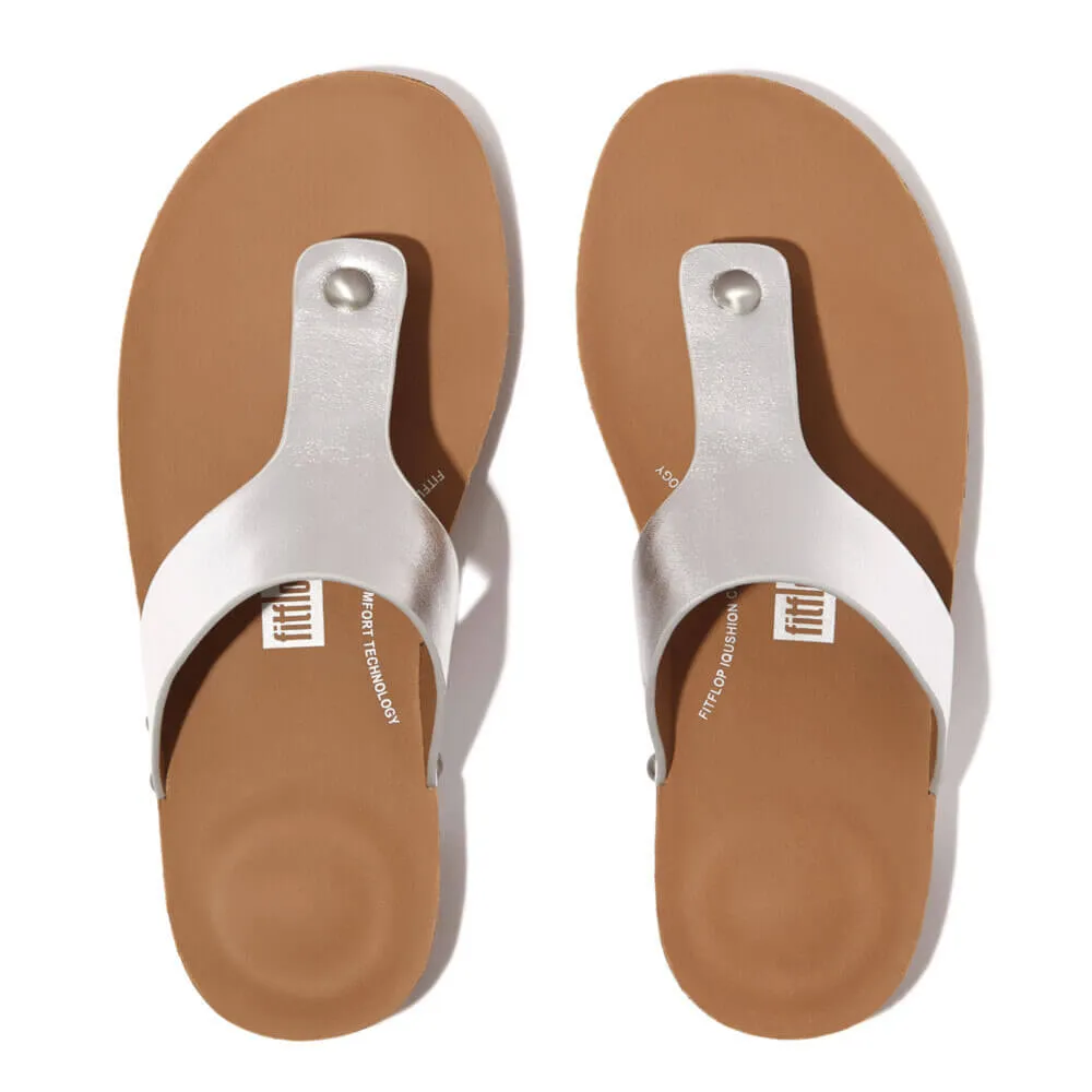 FitFlop Iqushion Metallic-Leather Toe-Post Sandals - Silver