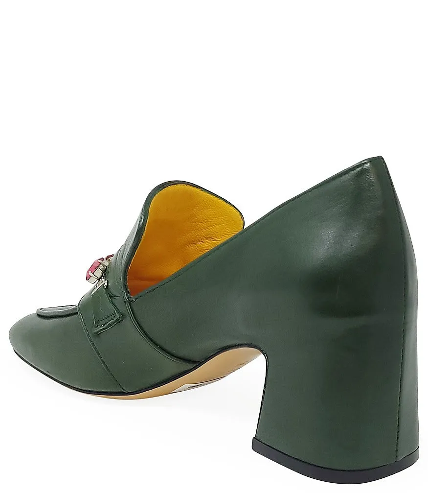 Green Leather Mid Heel Jeweled Loafer