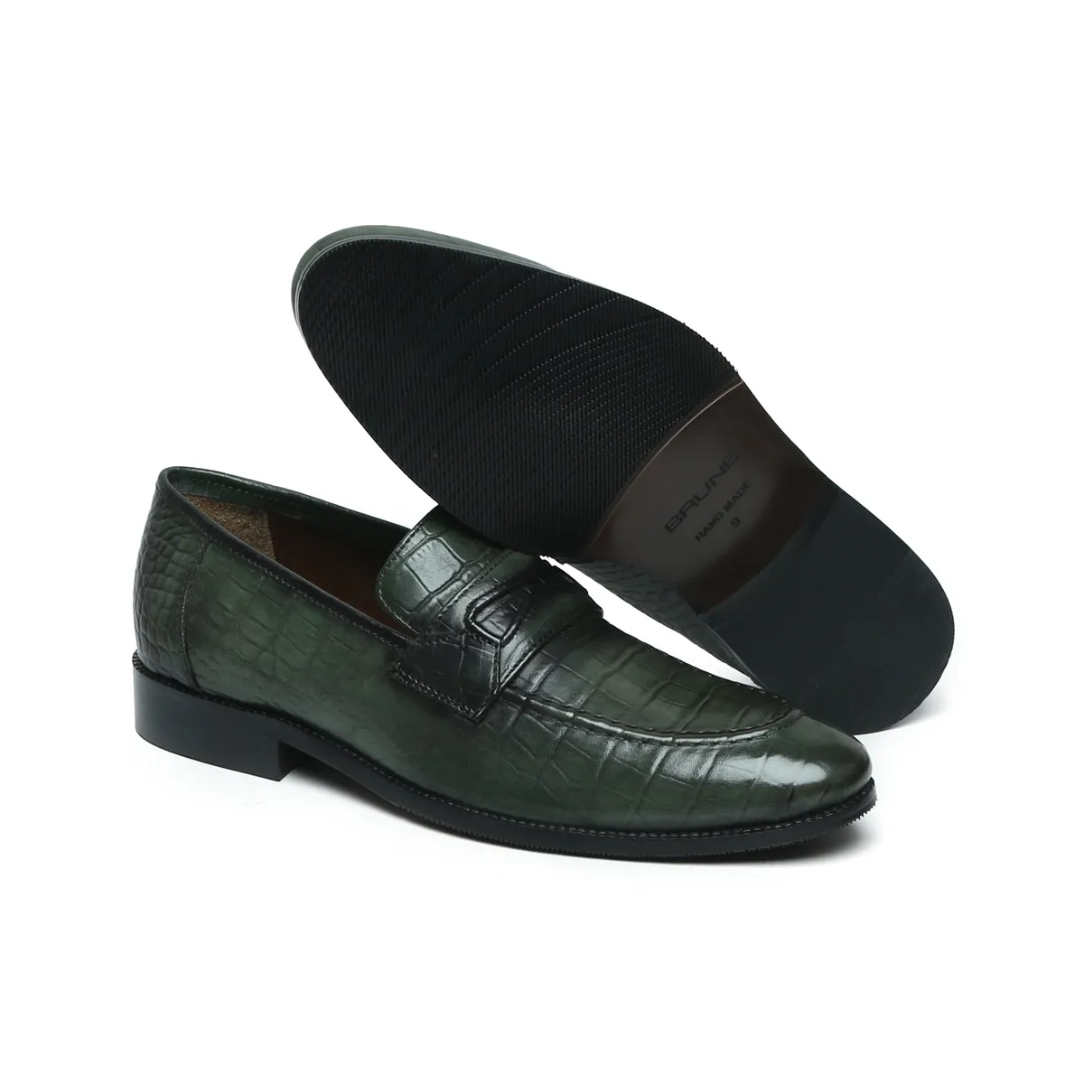 Green Penny Loafers in Deep Cut Leather