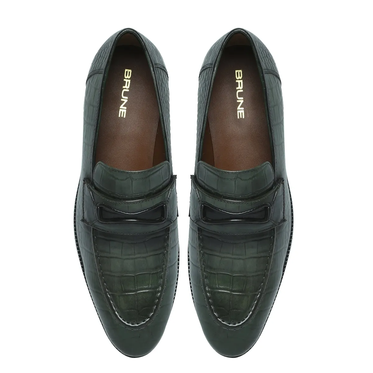 Green Penny Loafers in Deep Cut Leather